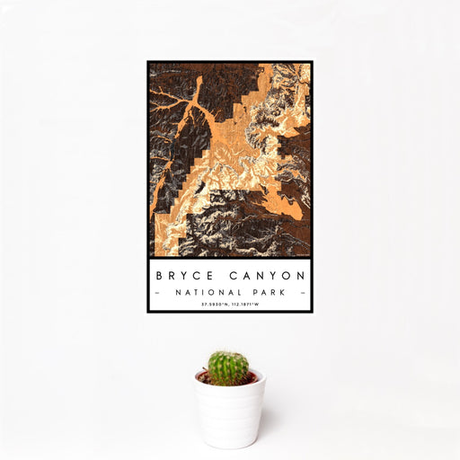 12x18 Bryce Canyon National Park Map Print Portrait Orientation in Ember Style With Small Cactus Plant in White Planter