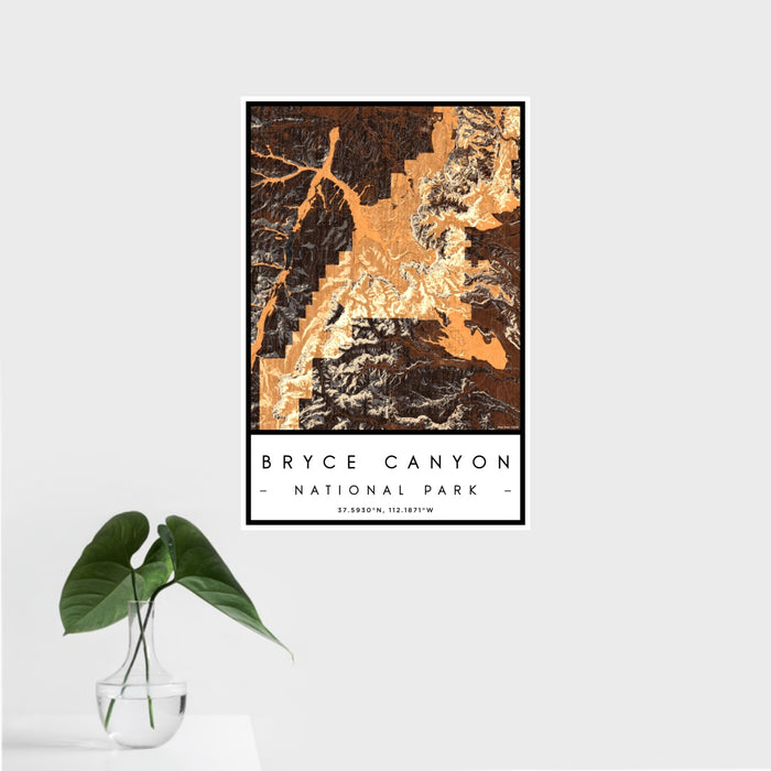 16x24 Bryce Canyon National Park Map Print Portrait Orientation in Ember Style With Tropical Plant Leaves in Water