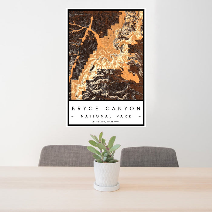 24x36 Bryce Canyon National Park Map Print Portrait Orientation in Ember Style Behind 2 Chairs Table and Potted Plant