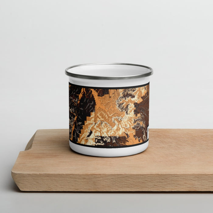 Front View Custom Bryce Canyon National Park Map Enamel Mug in Ember on Cutting Board