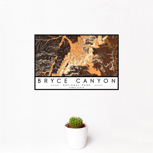 12x18 Bryce Canyon National Park Map Print Landscape Orientation in Ember Style With Small Cactus Plant in White Planter