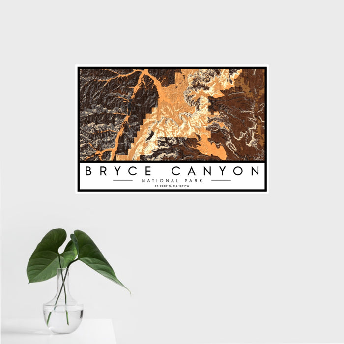 16x24 Bryce Canyon National Park Map Print Landscape Orientation in Ember Style With Tropical Plant Leaves in Water
