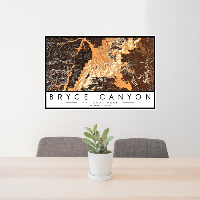 24x36 Bryce Canyon National Park Map Print Landscape Orientation in Ember Style Behind 2 Chairs Table and Potted Plant