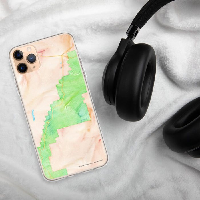 Custom Bryce Canyon National Park Map Phone Case in Watercolor on Table with Black Headphones