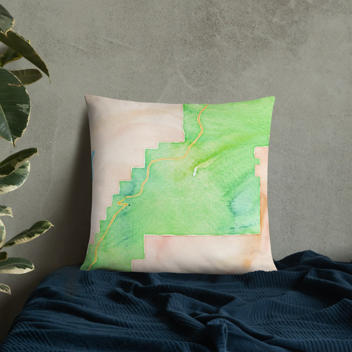 Custom Bryce Canyon National Park Map Throw Pillow in Watercolor on Bedding Against Wall