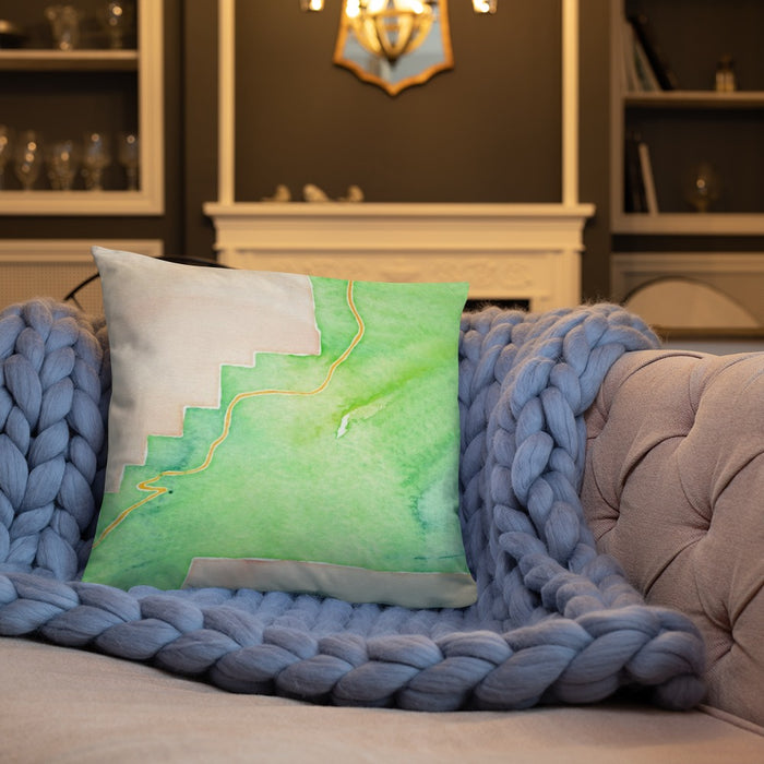 Custom Bryce Canyon National Park Map Throw Pillow in Watercolor on Cream Colored Couch