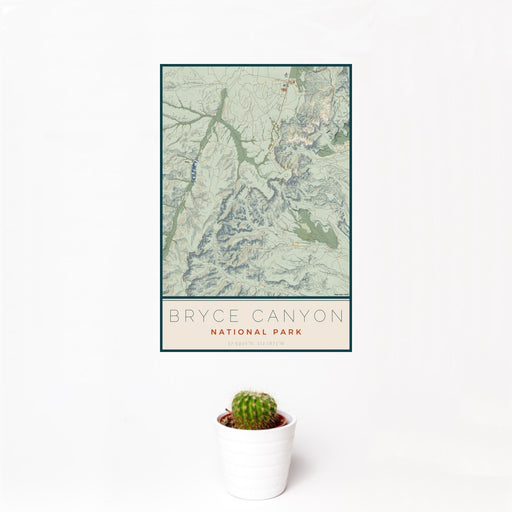 12x18 Bryce Canyon National Park Map Print Portrait Orientation in Woodblock Style With Small Cactus Plant in White Planter