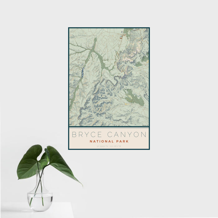 16x24 Bryce Canyon National Park Map Print Portrait Orientation in Woodblock Style With Tropical Plant Leaves in Water