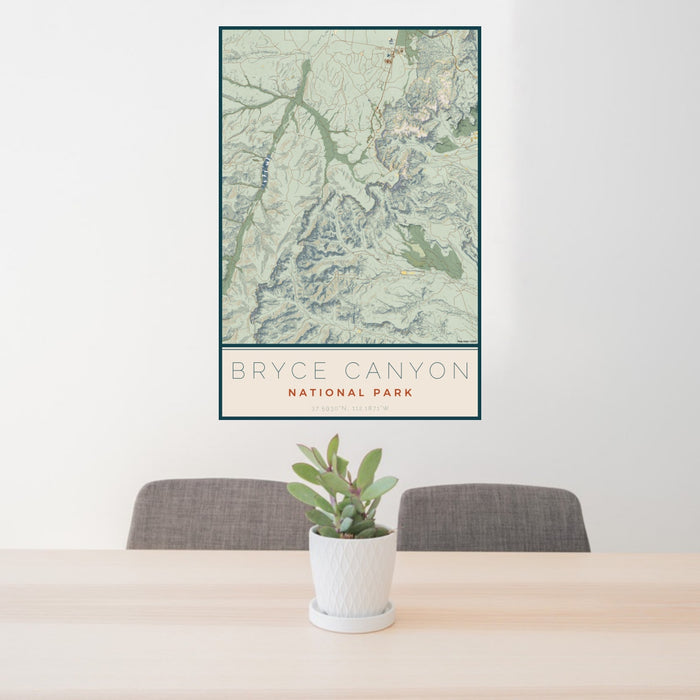 24x36 Bryce Canyon National Park Map Print Portrait Orientation in Woodblock Style Behind 2 Chairs Table and Potted Plant