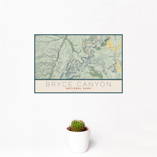 12x18 Bryce Canyon National Park Map Print Landscape Orientation in Woodblock Style With Small Cactus Plant in White Planter
