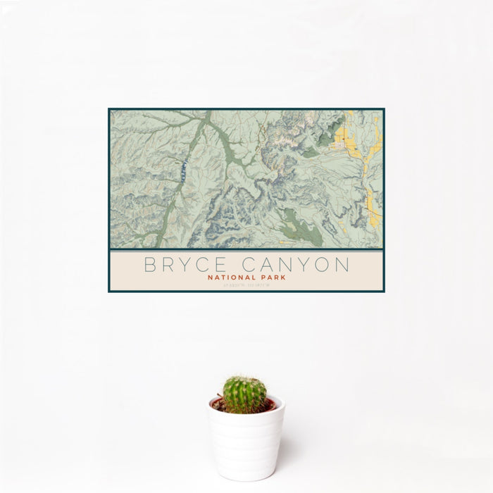 12x18 Bryce Canyon National Park Map Print Landscape Orientation in Woodblock Style With Small Cactus Plant in White Planter