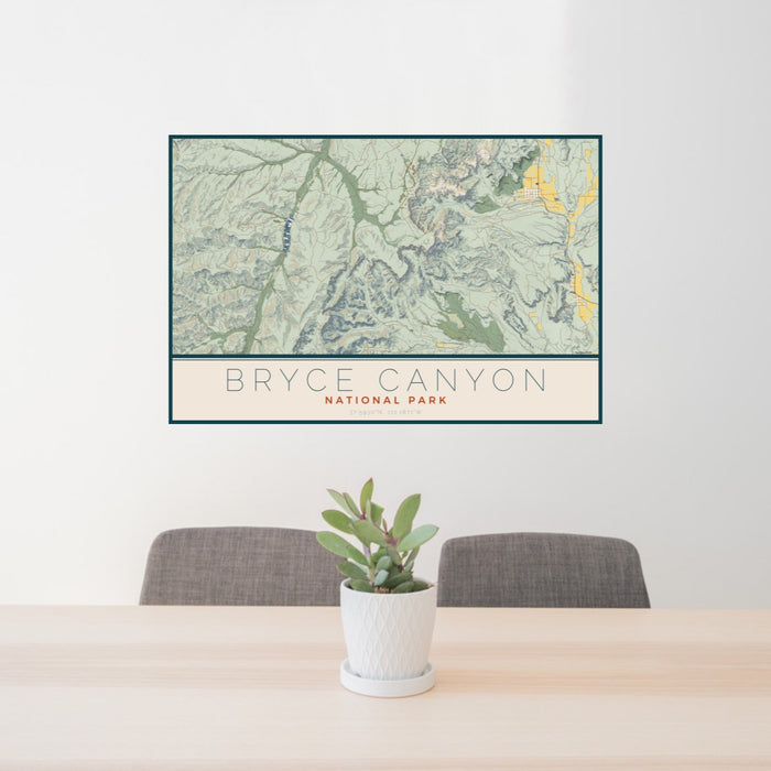 24x36 Bryce Canyon National Park Map Print Landscape Orientation in Woodblock Style Behind 2 Chairs Table and Potted Plant