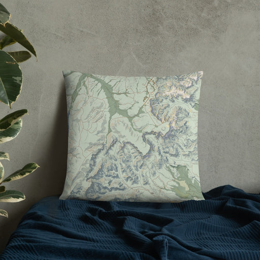 Custom Bryce Canyon National Park Map Throw Pillow in Woodblock on Bedding Against Wall