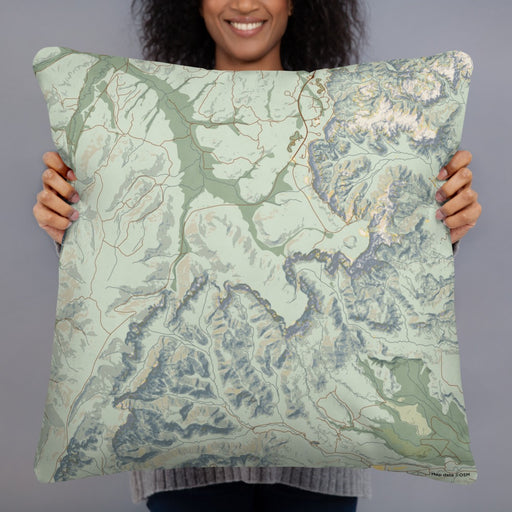 Person holding 22x22 Custom Bryce Canyon National Park Map Throw Pillow in Woodblock