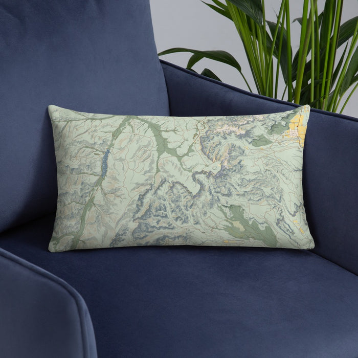 Custom Bryce Canyon National Park Map Throw Pillow in Woodblock on Blue Colored Chair
