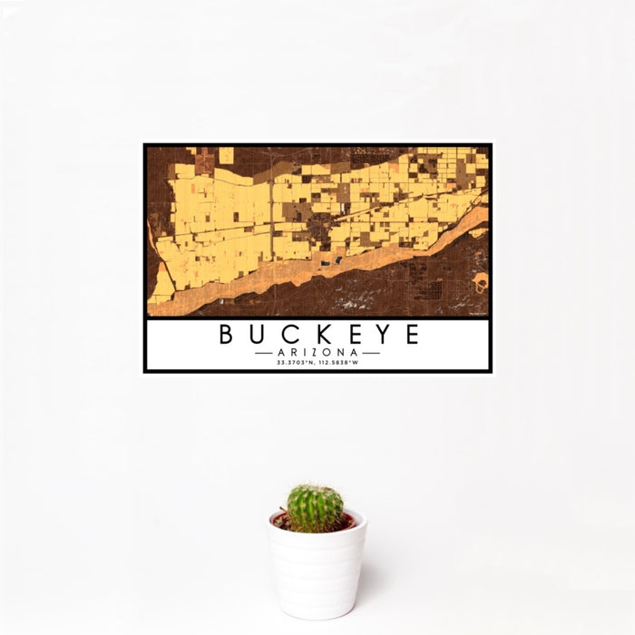 12x18 Buckeye Arizona Map Print Landscape Orientation in Ember Style With Small Cactus Plant in White Planter