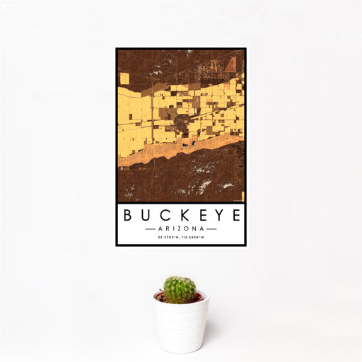 12x18 Buckeye Arizona Map Print Portrait Orientation in Ember Style With Small Cactus Plant in White Planter