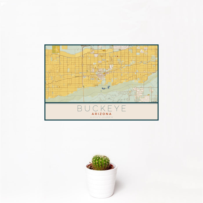 12x18 Buckeye Arizona Map Print Landscape Orientation in Woodblock Style With Small Cactus Plant in White Planter