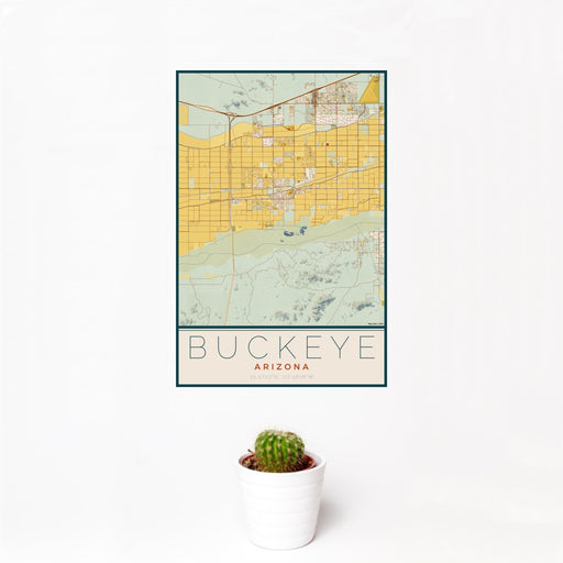 12x18 Buckeye Arizona Map Print Portrait Orientation in Woodblock Style With Small Cactus Plant in White Planter