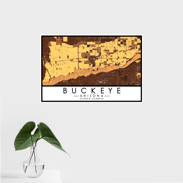 16x24 Buckeye Arizona Map Print Landscape Orientation in Ember Style With Tropical Plant Leaves in Water