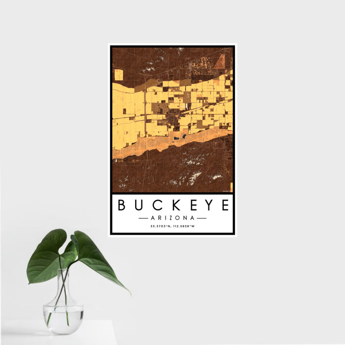 16x24 Buckeye Arizona Map Print Portrait Orientation in Ember Style With Tropical Plant Leaves in Water