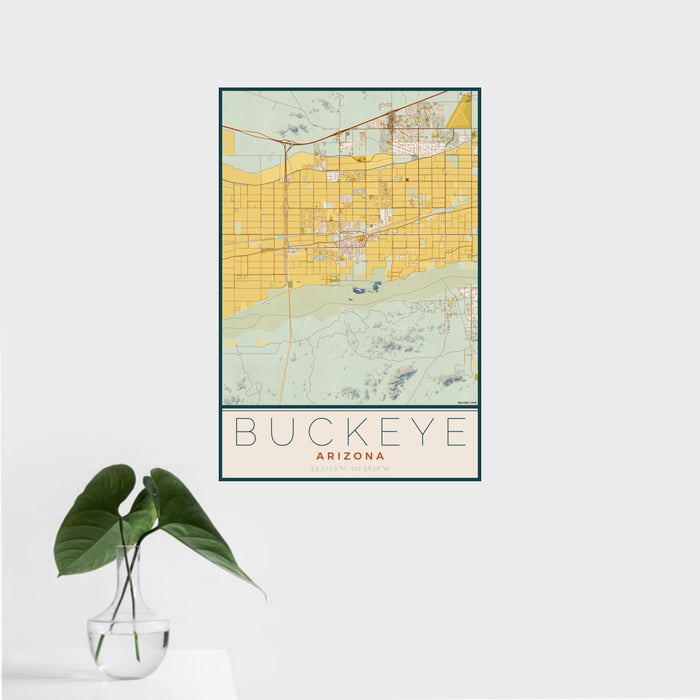 16x24 Buckeye Arizona Map Print Portrait Orientation in Woodblock Style With Tropical Plant Leaves in Water