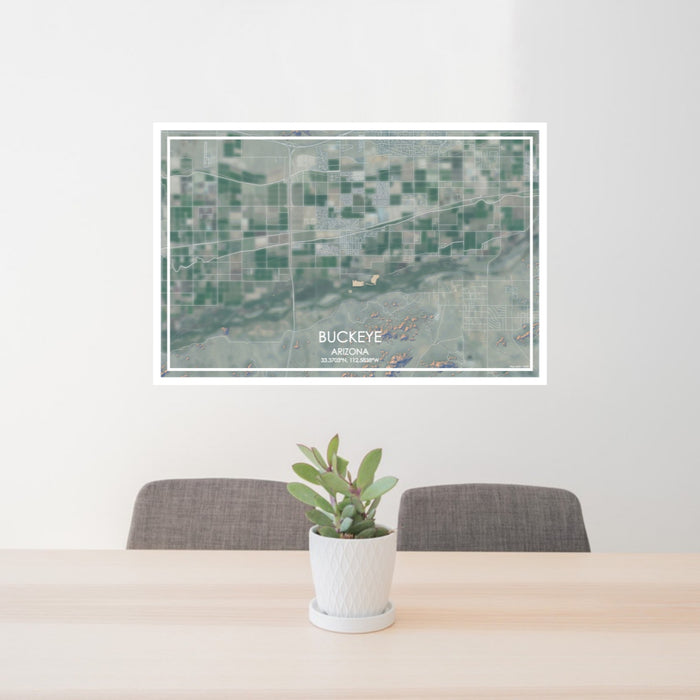 24x36 Buckeye Arizona Map Print Lanscape Orientation in Afternoon Style Behind 2 Chairs Table and Potted Plant