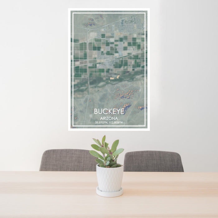 24x36 Buckeye Arizona Map Print Portrait Orientation in Afternoon Style Behind 2 Chairs Table and Potted Plant