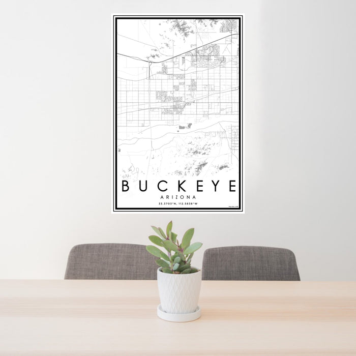 24x36 Buckeye Arizona Map Print Portrait Orientation in Classic Style Behind 2 Chairs Table and Potted Plant