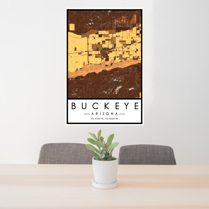 24x36 Buckeye Arizona Map Print Portrait Orientation in Ember Style Behind 2 Chairs Table and Potted Plant
