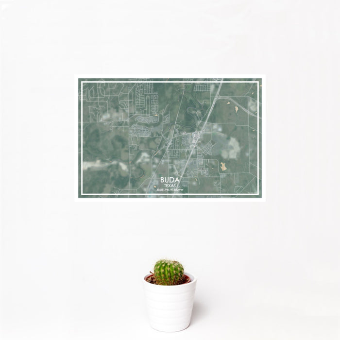 12x18 Buda Texas Map Print Landscape Orientation in Afternoon Style With Small Cactus Plant in White Planter