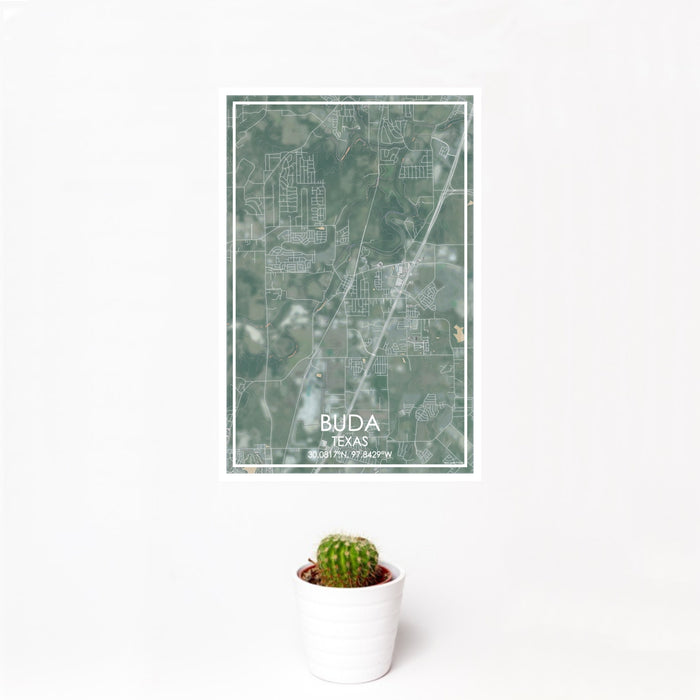 12x18 Buda Texas Map Print Portrait Orientation in Afternoon Style With Small Cactus Plant in White Planter