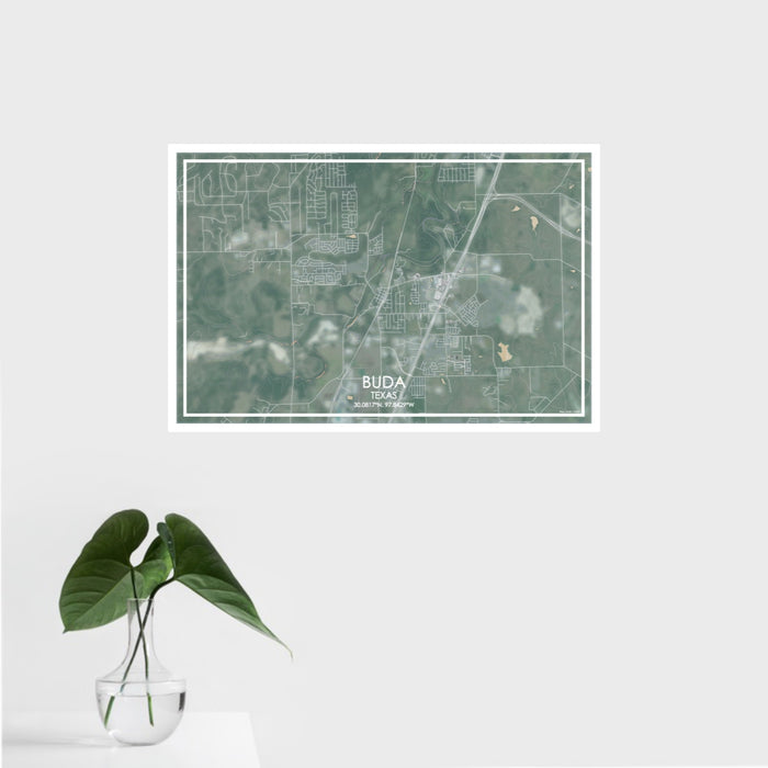16x24 Buda Texas Map Print Landscape Orientation in Afternoon Style With Tropical Plant Leaves in Water