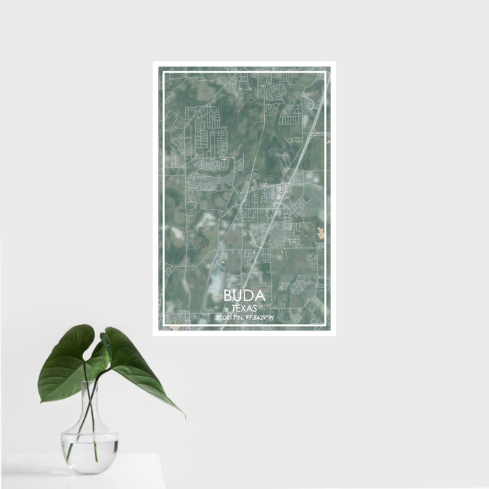 16x24 Buda Texas Map Print Portrait Orientation in Afternoon Style With Tropical Plant Leaves in Water