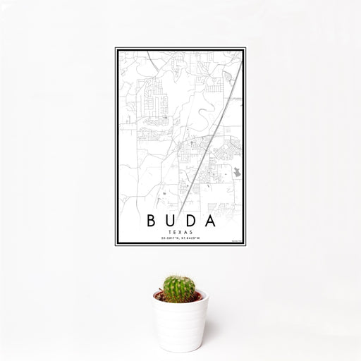 12x18 Buda Texas Map Print Portrait Orientation in Classic Style With Small Cactus Plant in White Planter