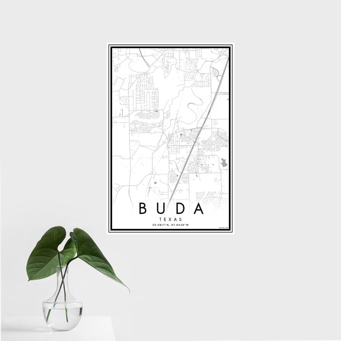 16x24 Buda Texas Map Print Portrait Orientation in Classic Style With Tropical Plant Leaves in Water