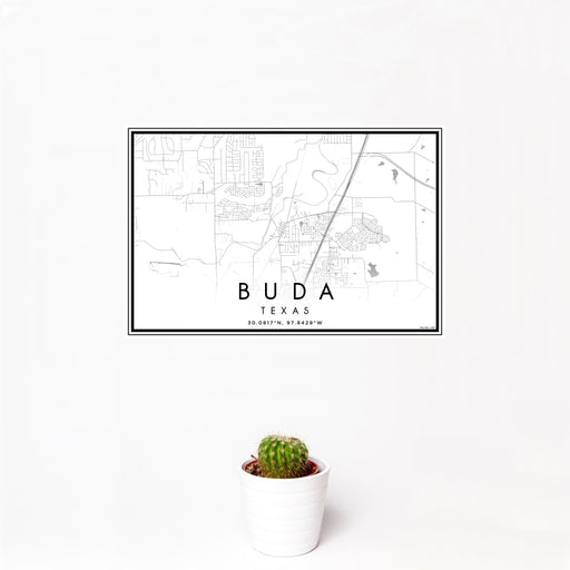 12x18 Buda Texas Map Print Landscape Orientation in Classic Style With Small Cactus Plant in White Planter