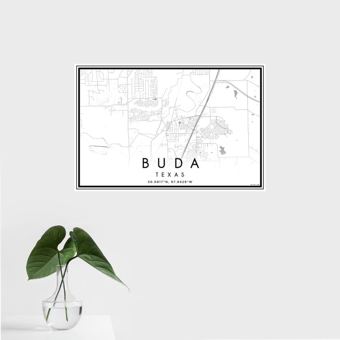 16x24 Buda Texas Map Print Landscape Orientation in Classic Style With Tropical Plant Leaves in Water