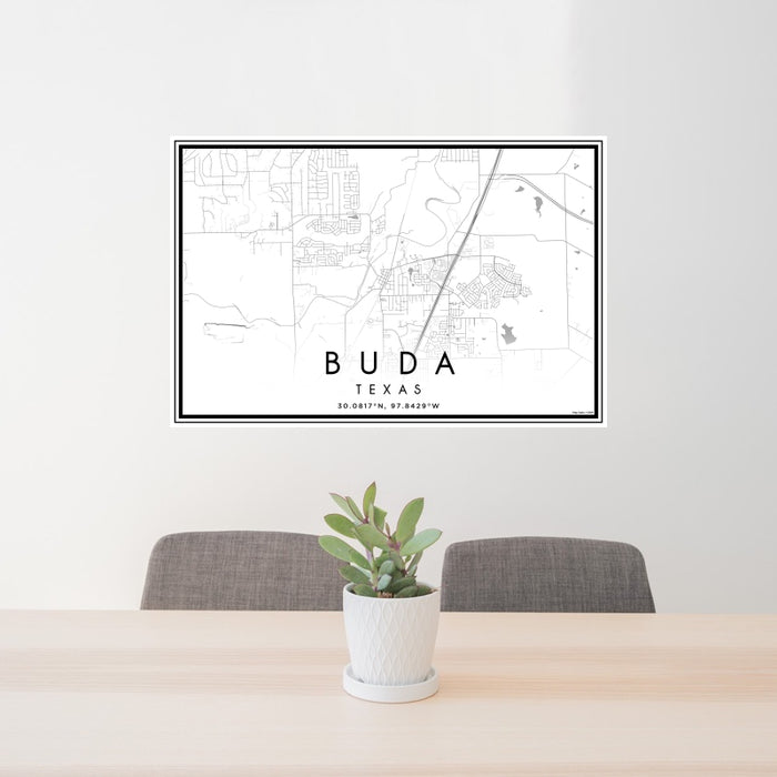 24x36 Buda Texas Map Print Landscape Orientation in Classic Style Behind 2 Chairs Table and Potted Plant