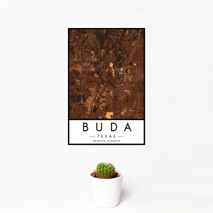 12x18 Buda Texas Map Print Portrait Orientation in Ember Style With Small Cactus Plant in White Planter