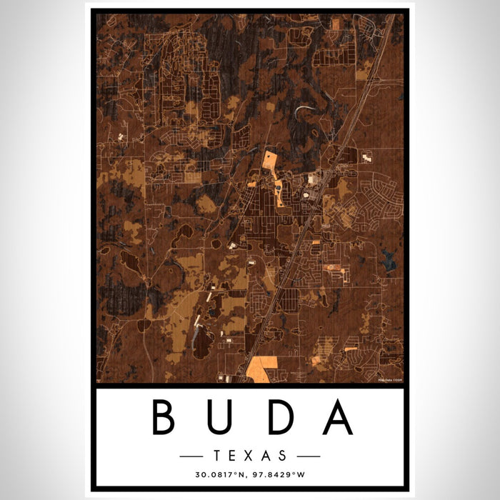Buda Texas Map Print Portrait Orientation in Ember Style With Shaded Background
