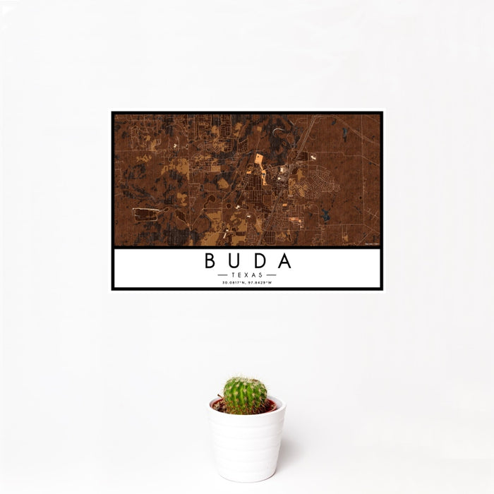 12x18 Buda Texas Map Print Landscape Orientation in Ember Style With Small Cactus Plant in White Planter
