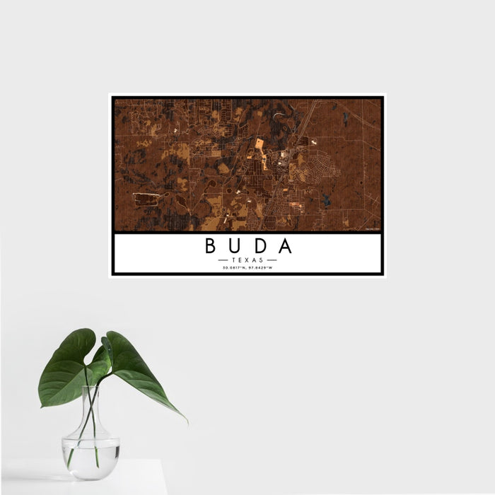 16x24 Buda Texas Map Print Landscape Orientation in Ember Style With Tropical Plant Leaves in Water