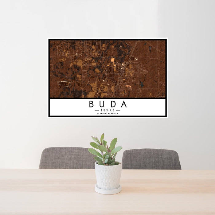 24x36 Buda Texas Map Print Landscape Orientation in Ember Style Behind 2 Chairs Table and Potted Plant