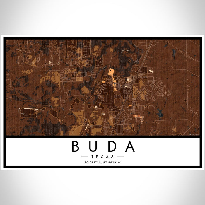 Buda Texas Map Print Landscape Orientation in Ember Style With Shaded Background