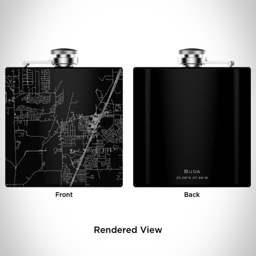 Rendered View of Buda Texas Map Engraving on 6oz Stainless Steel Flask in Black