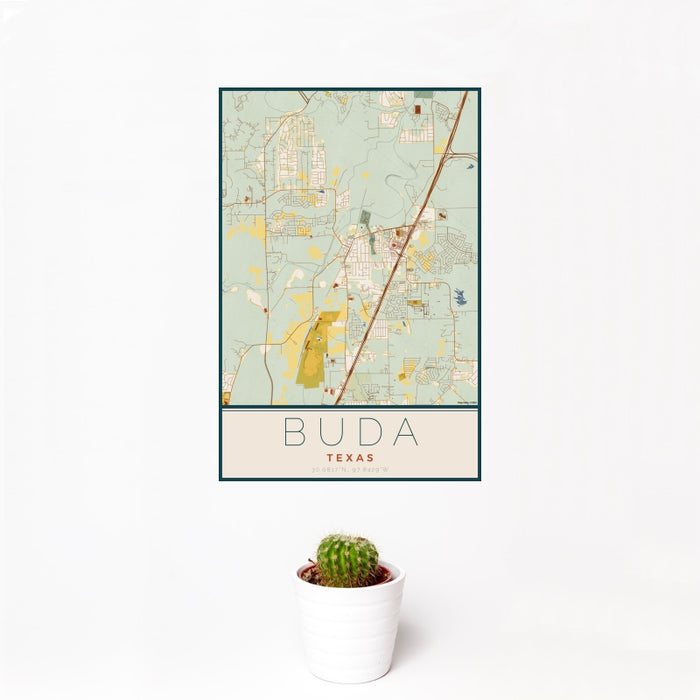 12x18 Buda Texas Map Print Portrait Orientation in Woodblock Style With Small Cactus Plant in White Planter