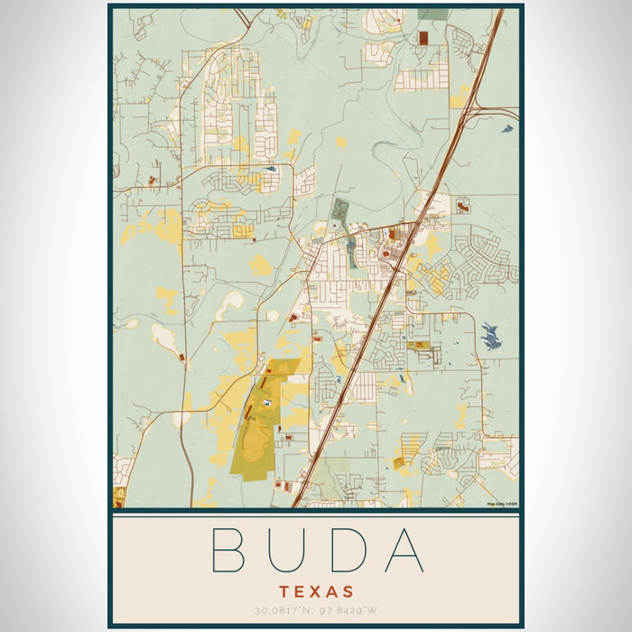 Buda Texas Map Print Portrait Orientation in Woodblock Style With Shaded Background