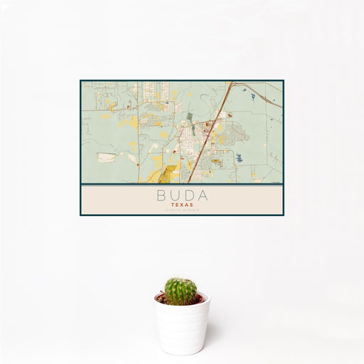 12x18 Buda Texas Map Print Landscape Orientation in Woodblock Style With Small Cactus Plant in White Planter