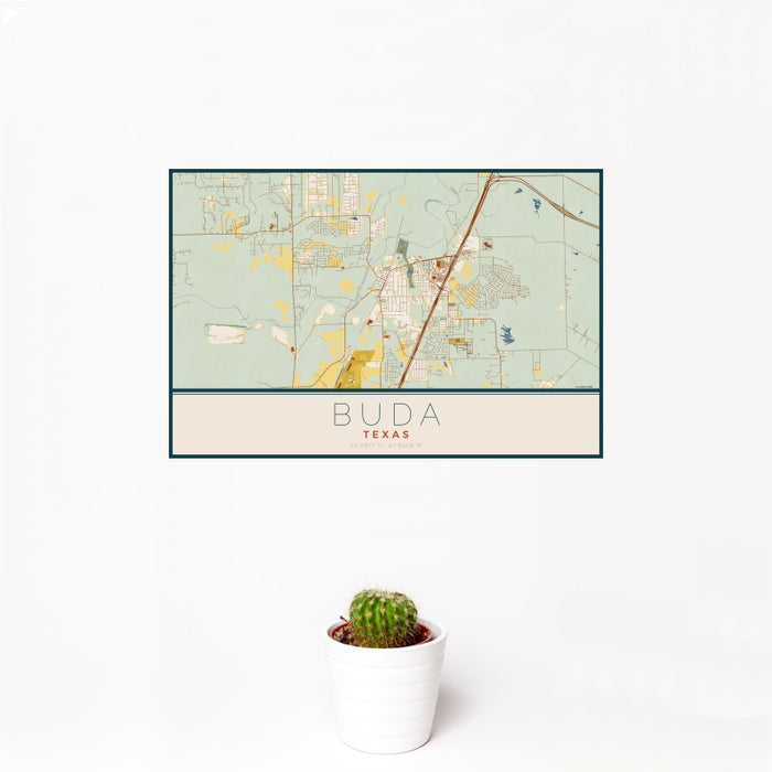 12x18 Buda Texas Map Print Landscape Orientation in Woodblock Style With Small Cactus Plant in White Planter